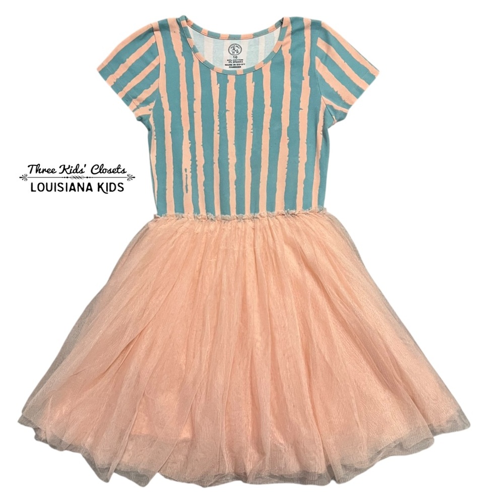 Taylor Joelle 10Y Striped Peachy Pink and Blue Tulle Dress